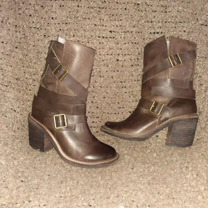 JEFFERY CAMPBELL-Brown Leather Buckle Strappy Mid-Calf Boots-Sz 37-Excellent